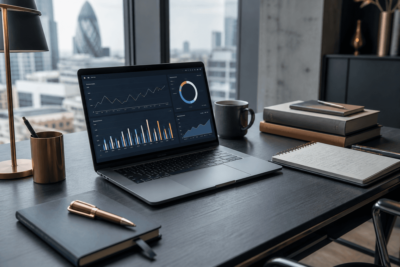 London desk with laptop and notebook — product engineering work in progress