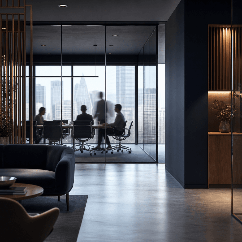 Contemporary workspace with glass meeting room and soft daylight